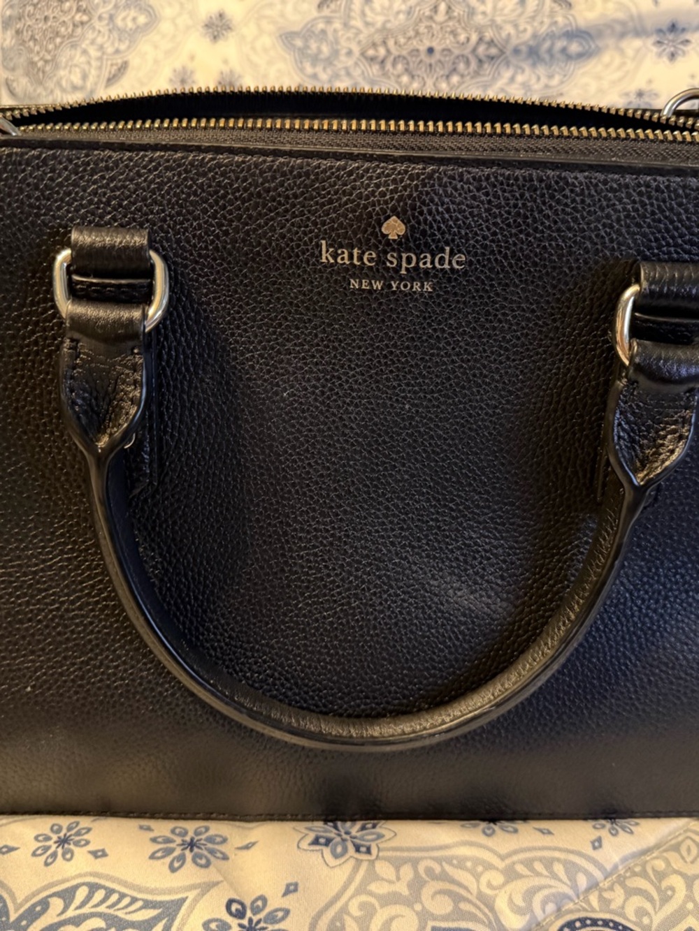 kate spade black pebbled leather satchel with gold logo